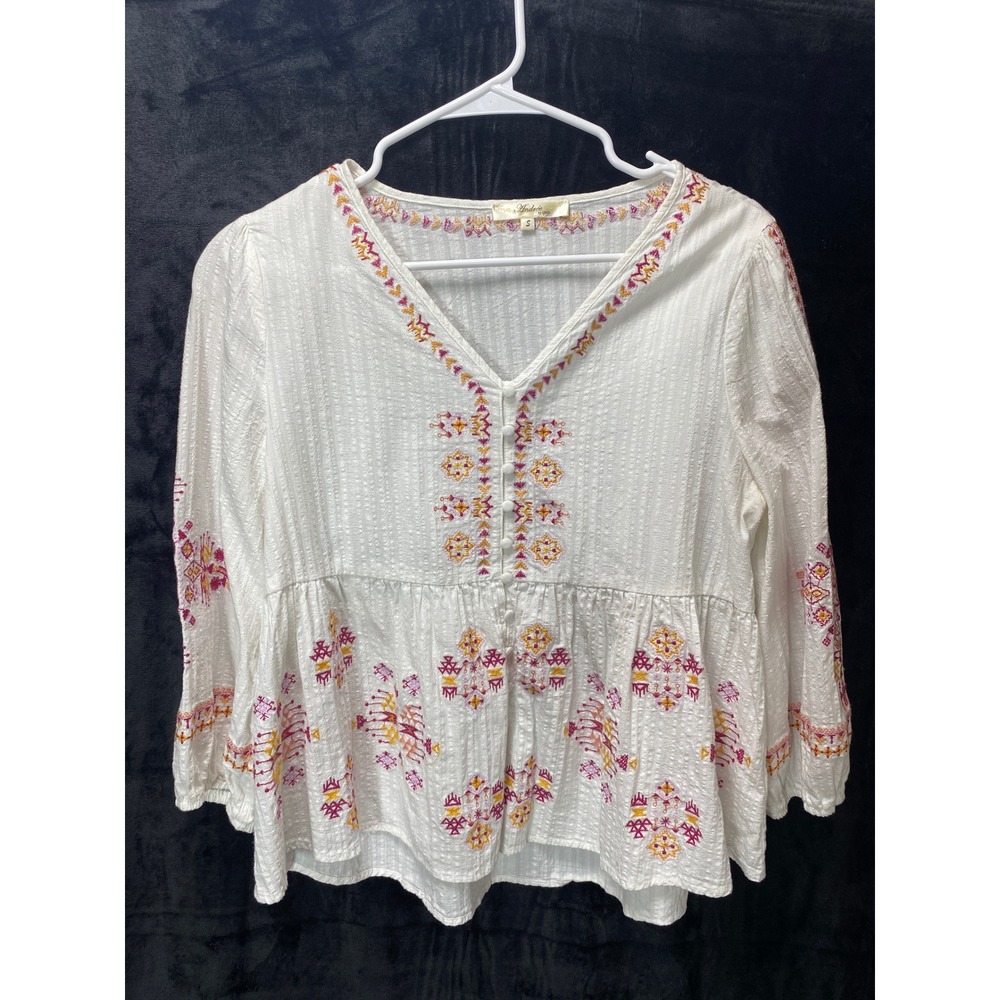 Andree By Unit White Embroidered Boho Peasant Blouse Top Button Front‎